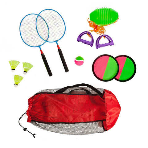 Combo outdoor play set of 3 Velcro catch Speed ball & Badminton in mesh carryon bag