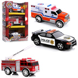 Top Right Toys Emergency Vehicles - Ambulance, Fire Truck and Police car, 3 pc Set with Lights and Sirens