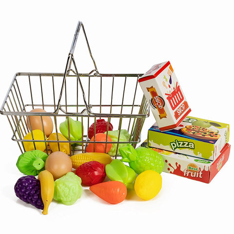 IQ Toys Stainless Steel Shopping Basket with Hard Plastic Play Food, 21 Piece Set