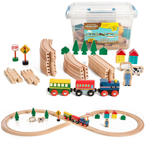 35 Piece Deluxe Figure 8 Wooden Train Set, Comes In A Clear Container, Compatible With All Major Brands