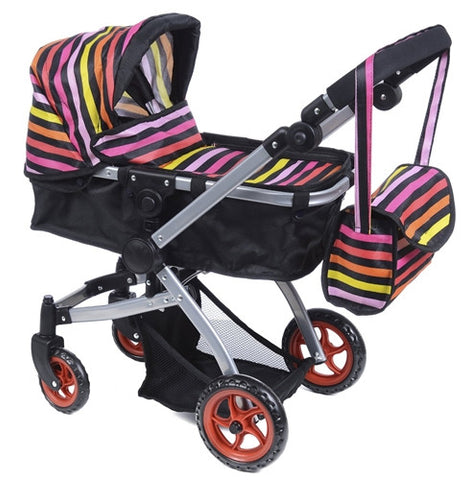 9651-B Bugaboo DOLL Bassinet Stroller with Diaper Bag and Swivel Wheels- Rainbow Stripes