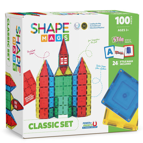 Shapemags 124 Piece Set, Made With Power+Magnets, 100 Clear Color Tiles, Includes 24 StileMags, 12X12 Stabilizer Plate and Car Base