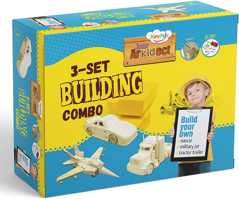 Kraftic Woodworking Building Kit for Kids and Adults, with 3 Educational DIY Carpentry Construction Wood Model Kit Toy Projects for Boys and Girls - Military Jet, Nascar and Tractor Trailer