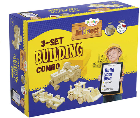 Kraftic Woodworking Building Kit for Kids and Adults, with 3 Educational DIY Carpentry Construction Wood Model Kit Toy Projects for Boys and Girls - Tractor, Bulldozer and F1