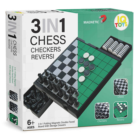 IQ Toys 3 in 1 Travel Magnetic Chess, Checkers and Reversi Set; with Foldable Board and Built in Storage Drawers
