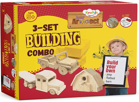Kraftic Woodworking Building Kit for Kids and Adults, with 3 Educational DIY Carpentry Construction Wood Model Kit Toy Projects for Boys and Girls - Jeep, Flatbed and Barn