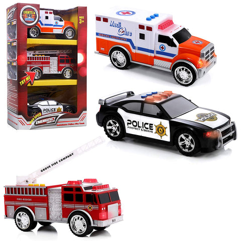 Top Right Toys Emergency Vehicles - Ambulance, Fire Truck and Police car, 3 pc Set with Lights and Sirens