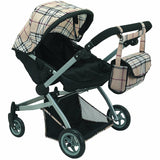 Babyboo Deluxe Twin Doll Pram/Stroller Beige Plaid & Black with Free Carriage Bag (Multi Function View All Photos) - 9651A