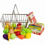 IQ Toys Stainless Steel Shopping Basket with Hard Plastic Play Food, 21 Piece Set