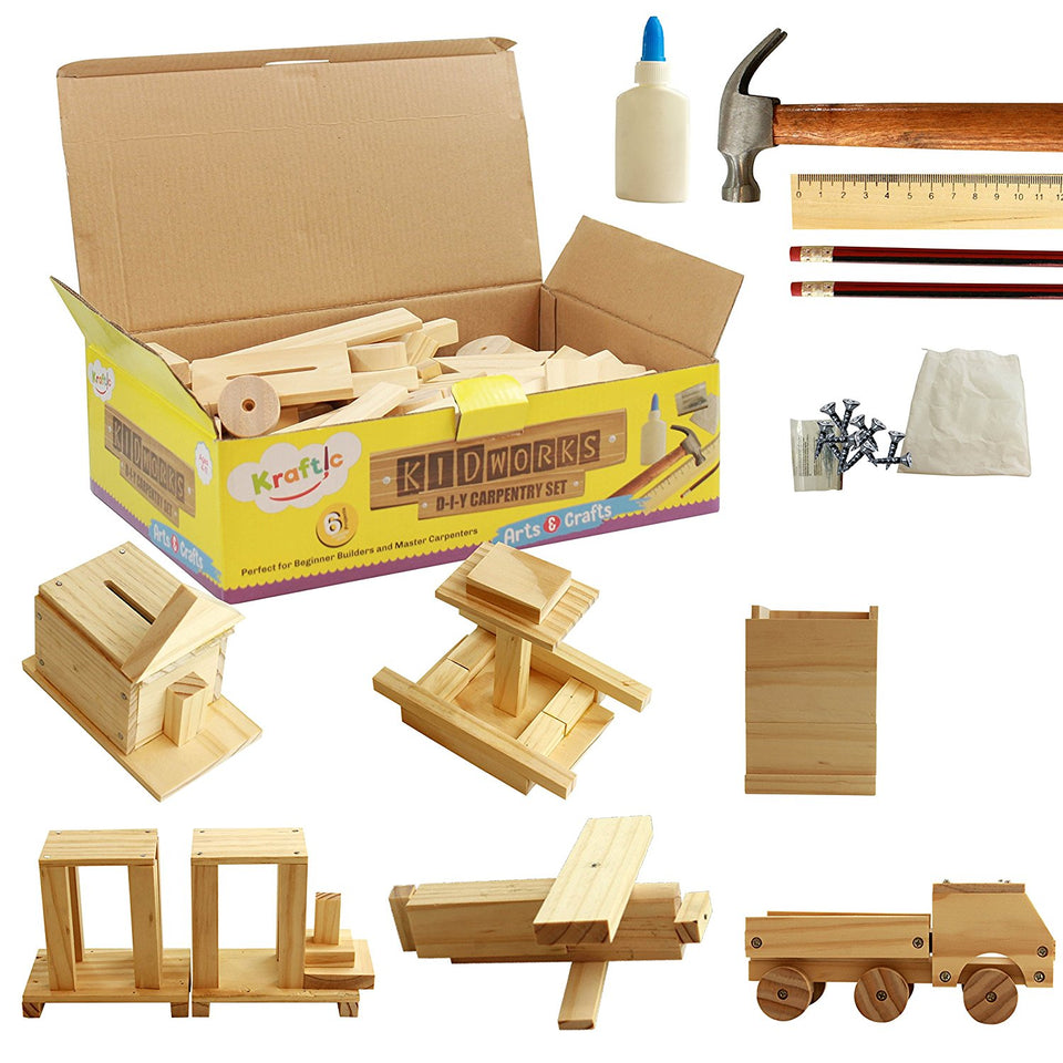 Kraftic DIY Deluxe Carpentry Woodworking Kit with 6 Projects – Toys 2  Discover
