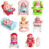 Set of 8 Assorted 5" Mini Dolls, High Chair, Stroller, Crib, Car Seat, Bath, Potty, Swing.