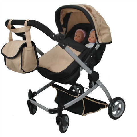 Babyboo Deluxe Twin Doll Bassinet & Stroller (Sand) with Free Carriage