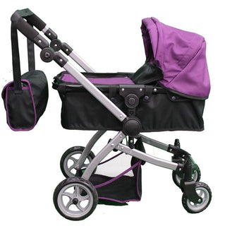 Babyboo Deluxe Doll Pram Color PURPLE BLACK with Swiveling Wheels Adjustable Handle and Free Carriage Bag 9651B PRP