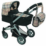 Babyboo Deluxe Doll Pram Color Beige Plaid with Swiveling Wheels & Adjustable Handle and Free Carriage Bag - 9651B Beige Plaid