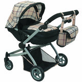 Babyboo Deluxe Twin Doll Pram/Stroller Beige Plaid & Black with Free Carriage Bag (Multi Function View All Photos) - 9651A