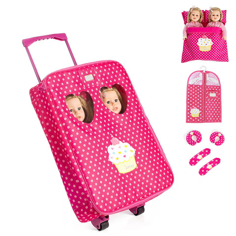 7 Piece TWIN Doll Traveling Trolley Set fits 2 18'' American girl Dolls Including Twin Sleeping Bags and accessories **Doll Not Included**