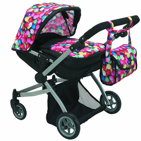 Babyboo Deluxe Twin Doll Pram/Stroller Gumball & Black with Free Carriage Bag (Multi Function View All Photos) - 9651A