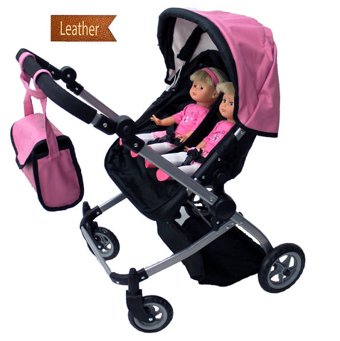 Babyboo Luxury Leather Look Twin Doll Pram/Stroller with Free Carriage (Multi Function View All Photos) - 9651A Pink
