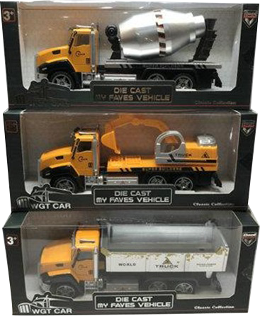 Die-Cast Metal Pullback 3 styles Cement Truck, Dump Truck, Bulldozer