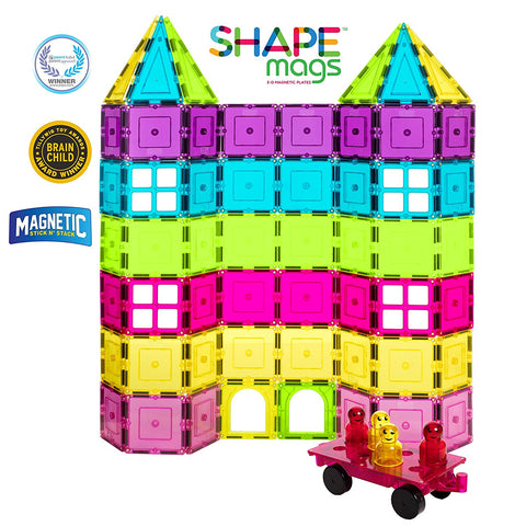 Shapemags Magnetic Tiles Building Set - Includes 104 Pastel and Neon Colored Tiles and 24 Stilemags. Made with Power+Magnets